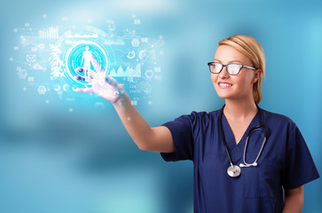 Poster - Doctor touching hologram screen displaying medical symbols and charts