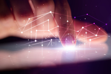 Poster - Finger touching tablet with global network concept and dark background