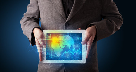 Poster - Hand holding tablet with global database concept