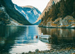 boat on the shore of the fjord in Norway, beautiful Scandinavian landscape, travel to Norway