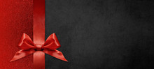 Gift Card Wishes Merry Christmas Background With Red Ribbon Bow On Black Shiny Vibrant Color Texture Template With Blank Copy Space