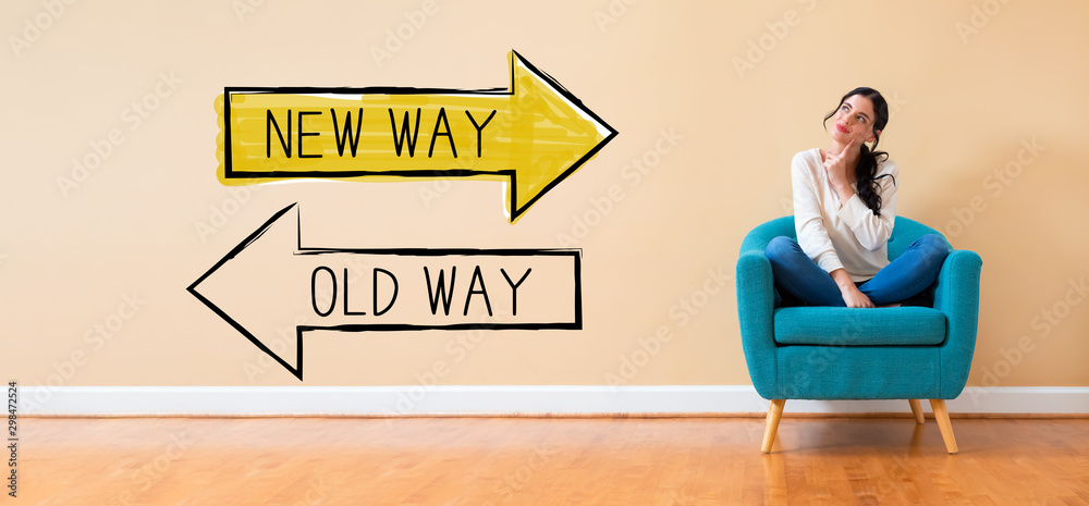 Old way or new way with woman in a thoughtful pose in a chair - obrazy, fototapety, plakaty 