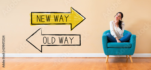 Photographie Old way or new way with woman in a thoughtful pose in a chair