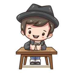 Vector illustration of cute chibi character isolated on white background. Cartoon boy in blue jeans and hat holding cap of coffee in her hand. 