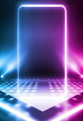 Canvas Print - Empty background scene. Dark street reflection on wet asphalt. Rays of neon light in the dark, neon shapes, smoke. Background of an empty stage show. Abstract dark background.