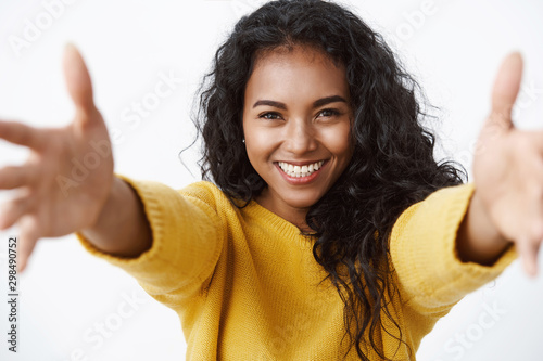 Close-up tender and cute pretty african american curly-haired woman in yellow sw Poster Mural XXL