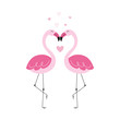 Cute pink flamingos in a love kiss, valentine, hearts. Hand-drawn vector illustration.