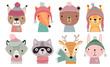 Christmas set with Cute forest animals. Hand drawn woodland characters. Greeting flyers.