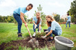 © Viktoriia - Volunteering. Young people volunteers outdoors planting tree concentrated cooperation