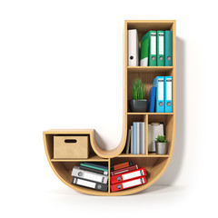 Poster - Letter J. Alphabet in the form of shelves with file folder, binders and books isolated on white. Archival, stacks of documents at the office or library.