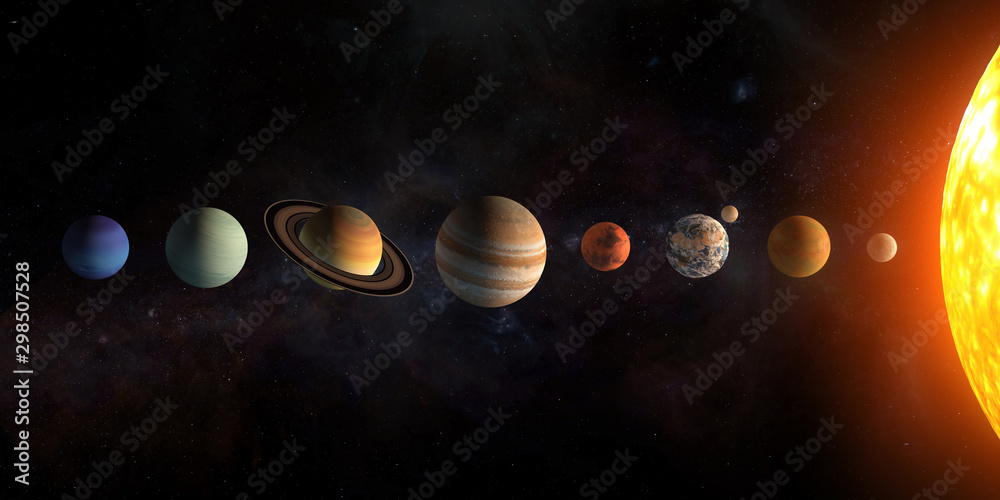 Solar system planets set. The Sun and planets in a row on universe stars background.Elements of this image furnished by NASA. - obrazy, fototapety, plakaty 