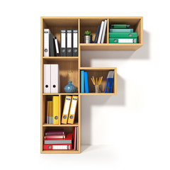 Poster - Letter F. Alphabet in the form of shelves with file folder, binders and books isolated on white. Archival, stacks of documents at the office or library.