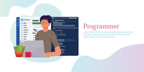 Poster - Programmer working writing code on laptop with line of code programming language on screen. Web developer using version control repository.