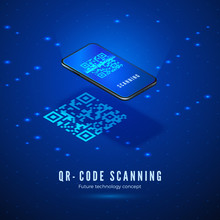 QR Code Scan Isometric Concept. Mobile Phone With Scanning Digital Barcode On Screen. Technology Background In Blue Colors. Vector
