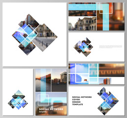 Poster - The minimalistic abstract vector illustration of the editable layouts of modern social network mockups in popular formats. Creative trendy style mockups, blue color trendy design backgrounds.