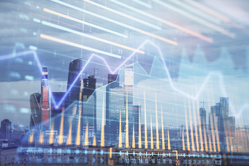 Double exposure of financial graph on downtown veiw background. Concept of stock market research and analysis