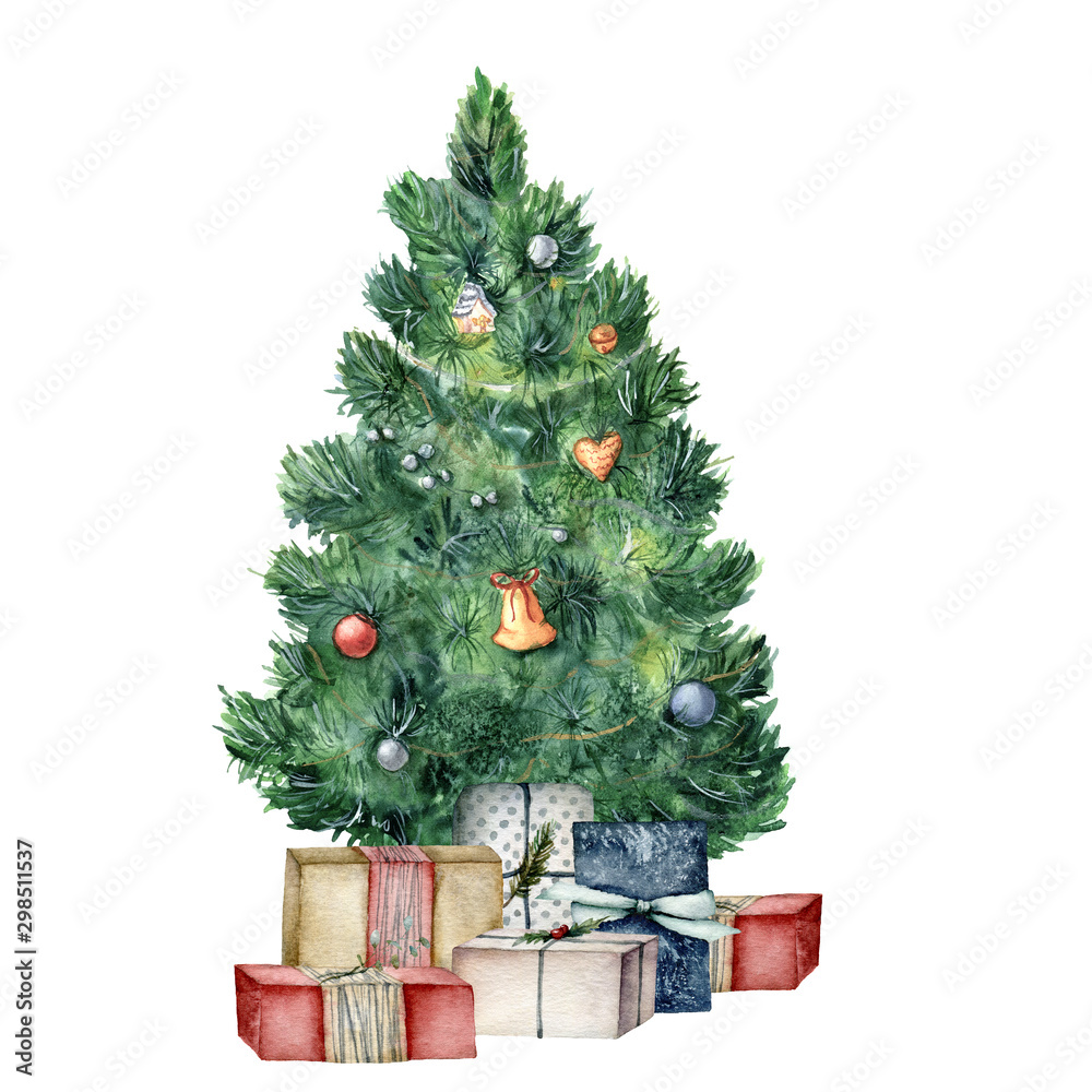 Watercolor Christmas tree with gifts and toys. Hand painted New Year ...
