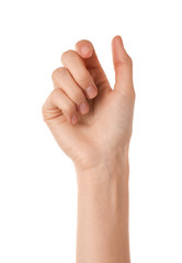 Wall Mural - woman holding something on white background, closeup of hand