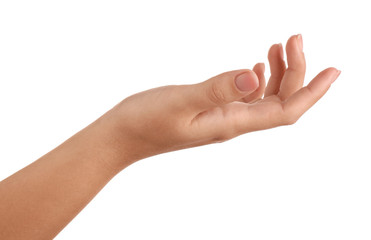 Wall Mural - woman holding something on white background, closeup of hand