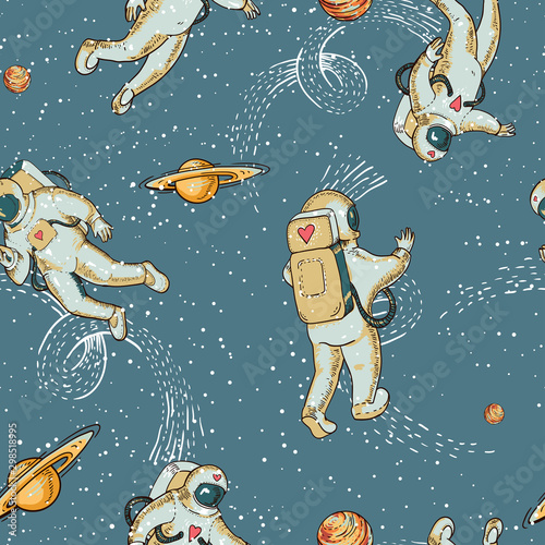 Cotton fabric Vintage vector astronaut in space seamless pattern, planet and stars. Science fiction, Hand drawn wallpaper