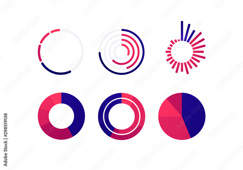 Vector color flat chart diagram icon illustration set. Red and blue diagram collection of pie, donut, radial bar and histogram infographic element. Design for finance, statistics, analitics, science. - obrazy, fototapety, plakaty 