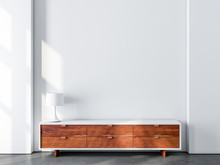 Wooden Bureau Or Tv Console Mockup In Empty Living Room With Concrete Floor