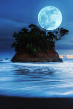 Blue Moon At Island In The Beach With Motion Water In North Bengkulu, Indonesia