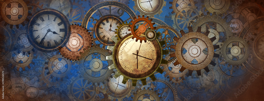 Fotografia Industrial and steampunk style background with clocks and wheels