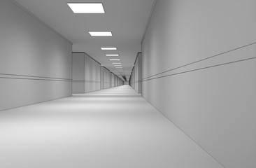 long corridor with doors, interior visualization, 3D illustration