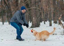 Young Man Blowing Snowflakes From Her Hands To Her Dog Golden Retriever In A Winter Day. Friendship, Pet And Human.