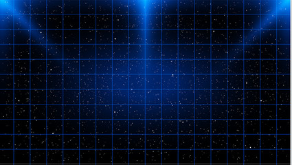 Wall Mural - Retrowave blue laser grid on starry space background with three light sources on top and copy space in the center.