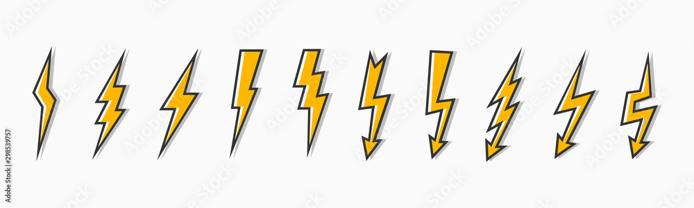 Set thunder and bolt lighting flash icon. Electric power thunderbolt, lightning bolt icon, dangerous sign – stock vector - obrazy, fototapety, plakaty 