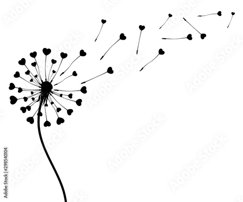Abstract black dandelion silhouette with hearts, flying seeds of love dandeli...