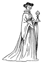 Female Costume Of 15th Century England, Vintage Illustration.