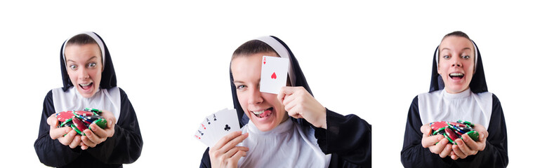 Wall Mural - Nun in the gambling concept