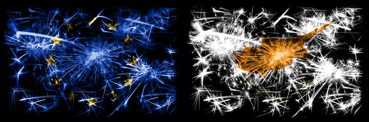 Eu, European union vs Cyprus, Cyprian new year celebration sparkling fireworks flags concept background. Combination of two states flags.