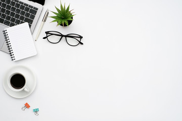 work space office business and finance concept on white table desk background with laptop computer a