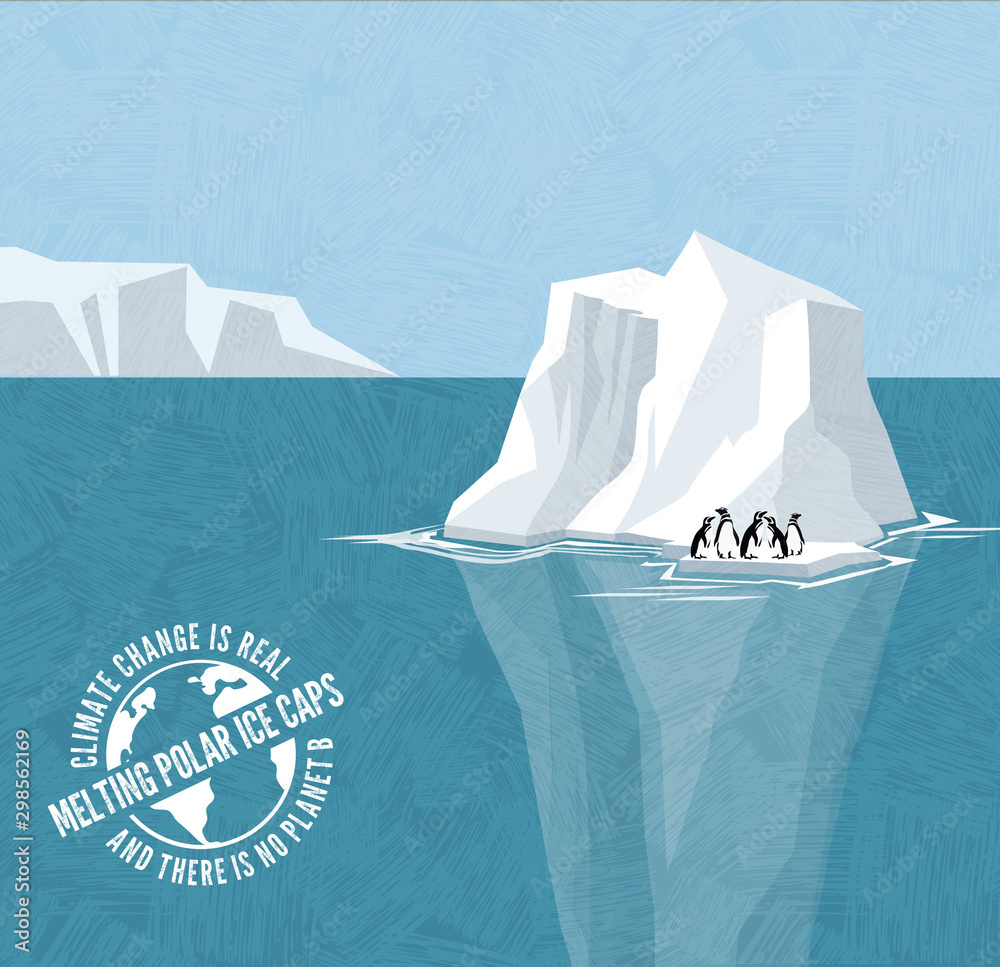 Stranded penguins on iceberg. Melting polar Ice caps and rising sea levels. Climate change global warming series with warning stamp.  - obrazy, fototapety, plakaty 