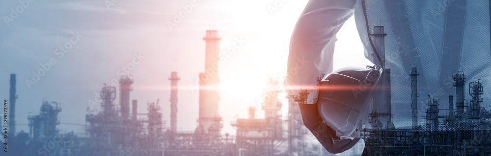Future factory plant and energy industry concept in creative graphic design. Oil, gas and petrochemical refinery factory with double exposure arts showing next generation of power and energy business. - obrazy, fototapety, plakaty 