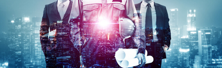 Wall Mural - Future building construction engineering project concept with double exposure graphic design. Building engineer, architect people or construction worker working with modern civil equipment technology.