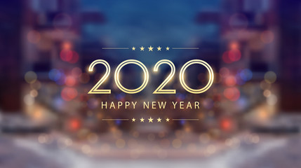 Wall Mural - Golden happy new year 2020 with bokeh and lens flare pattern in snowy street at evening background