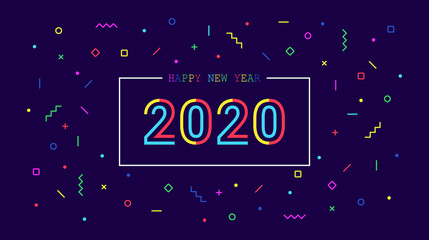 Wall Mural - Golden happy new year 2020 with Neo Memphis graphic on blue color background