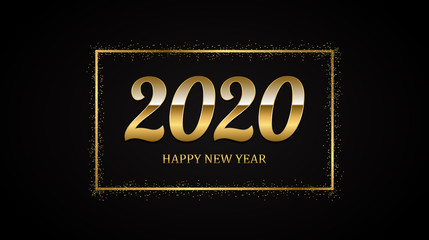 Wall Mural - golden Happy new year 2020 in square label with burst glitter on black color background
