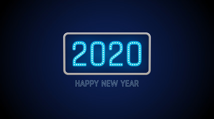 Wall Mural - Happy new year 2020 text in light bulb board with bright neon on blue color background