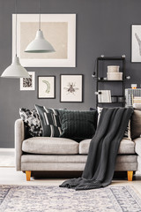 Wall Mural - Dark blanket and pillows on grey corner sofa in contemporary living room interior with grey wall and industrial furniture