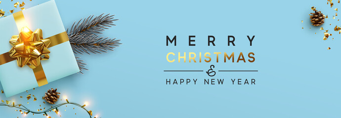 Christmas banner. Background Xmas design of sparkling lights garland, with realistic gifts box, pine branch and glitter gold confetti. Horizontal christmas poster, greeting cards, headers, website
