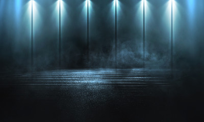 Wall Mural - wet asphalt, reflection of neon lights, a searchlight, smoke. abstract light in a dark empty street 