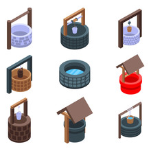 Water Well Icons Set. Isometric Set Of Water Well Vector Icons For Web Design Isolated On White Background