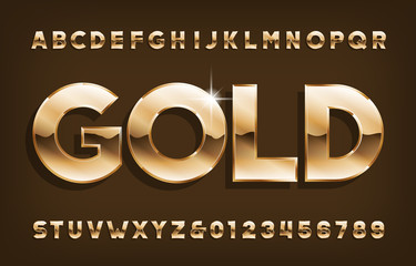 Fototapete - Gold alphabet font. Shining golden letters and numbers with shadow. Stock vector typescript for your design.