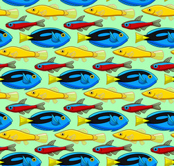 Wall Mural - Seamless pattern with Surgeonfishes, Bloodfin tetra and Chinese Algae Eater fishes